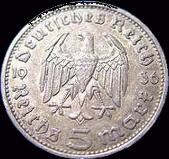 Third Reich 5 Reichsmark silver Hindenburg