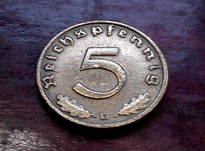 German Third Reich 5 Reichspfennig bronze coin with swastika 