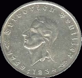 German Third Reich 5 Reichsmark Schiller silver coin with swastika 